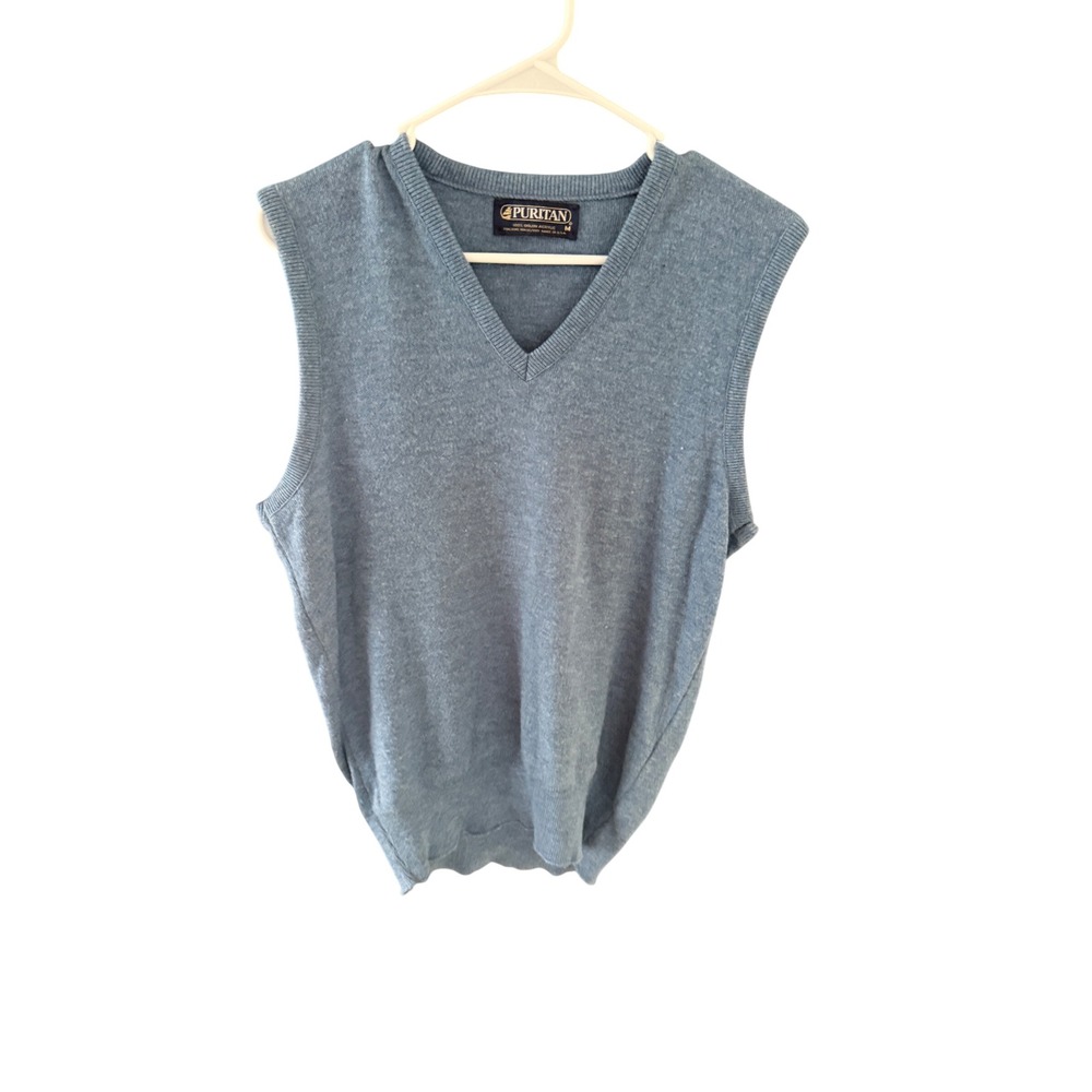 Puritan Vintage Mens Blue V-Neck Sweater Vest Made in USA Size M Preppy Twee